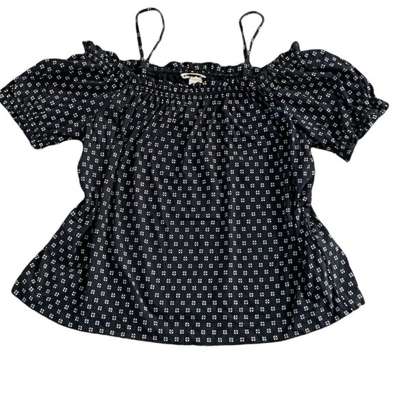 H&M Sz M Off Shoulder Short Sleeve Strappy Blouse Black Blue White 195K - Picture 1 of 7